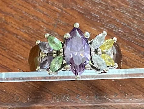 10k White Gold Marquise Semi Precious Stone Ring Sz 6.5 Signed AC