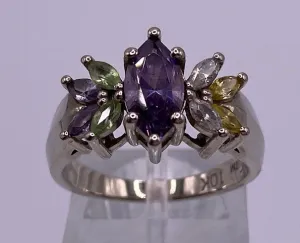 10k White Gold Marquise Semi Precious Stone Ring Sz 6.5 Signed AC