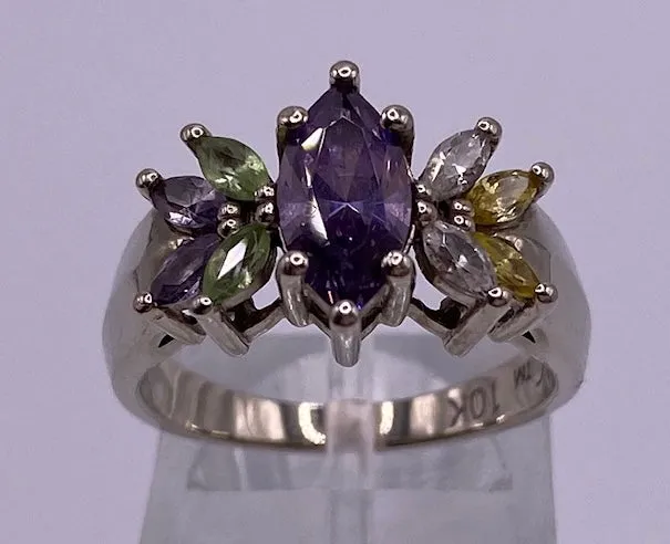 10k White Gold Marquise Semi Precious Stone Ring Sz 6.5 Signed AC