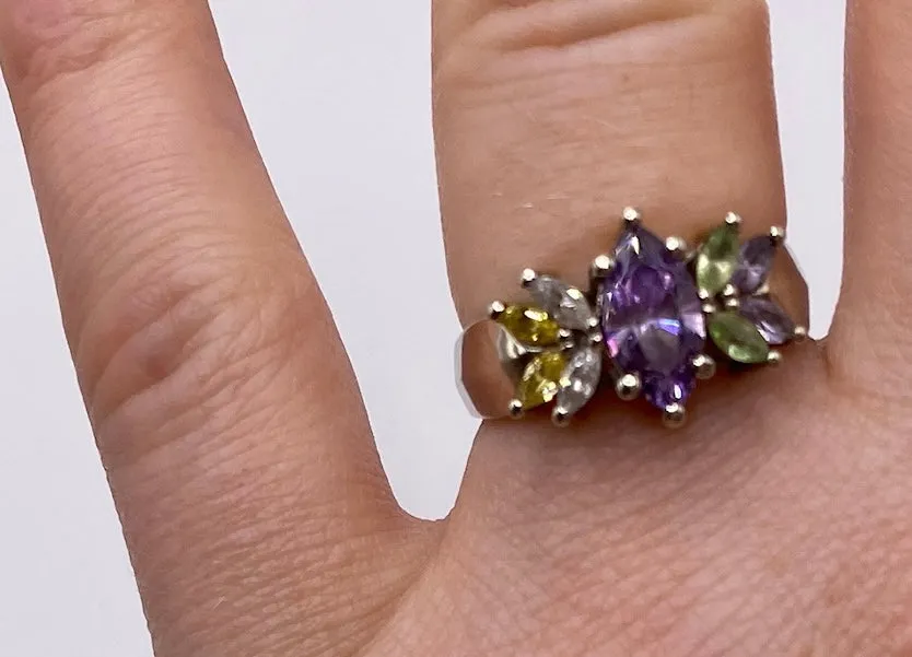 10k White Gold Marquise Semi Precious Stone Ring Sz 6.5 Signed AC