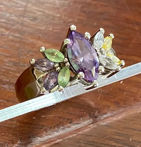 10k White Gold Marquise Semi Precious Stone Ring Sz 6.5 Signed AC