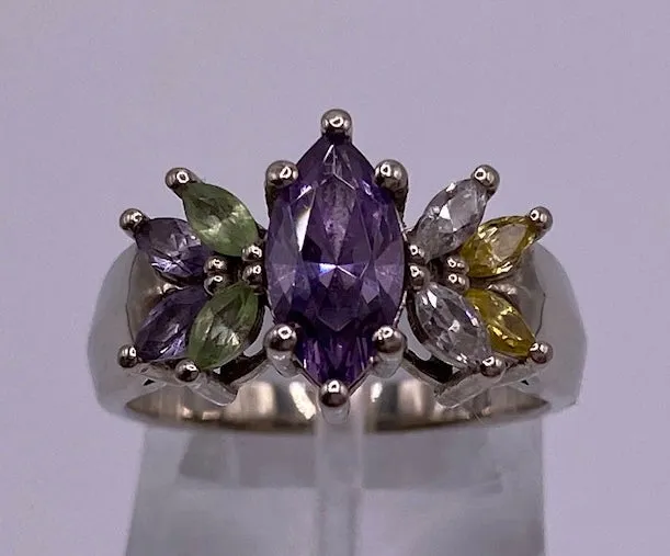 10k White Gold Marquise Semi Precious Stone Ring Sz 6.5 Signed AC