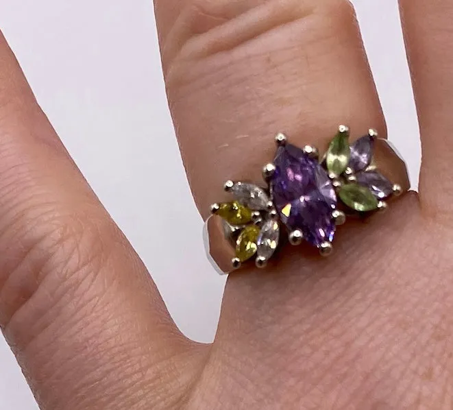 10k White Gold Marquise Semi Precious Stone Ring Sz 6.5 Signed AC