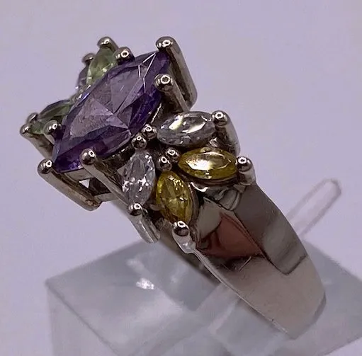 10k White Gold Marquise Semi Precious Stone Ring Sz 6.5 Signed AC