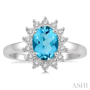 1/10 Ctw Oval Shape 8x6mm Blue Topaz & Round Cut Diamond Semi Precious Ring in 10K White Gold