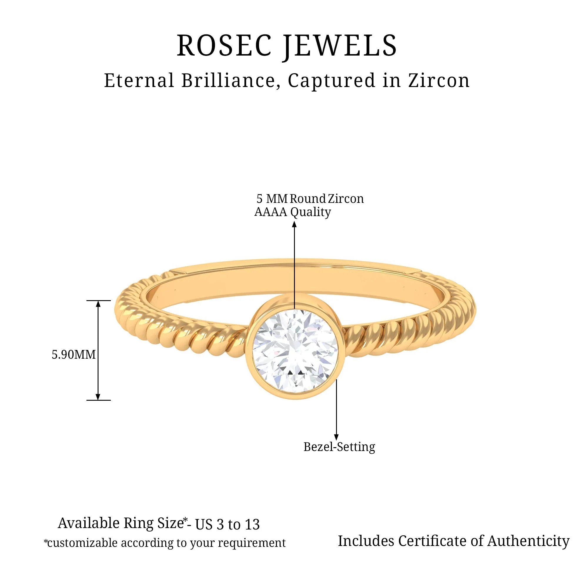 1/2 CT Bezel Set Zircon Solitaire Minimal Ring with Twisted Rope Details