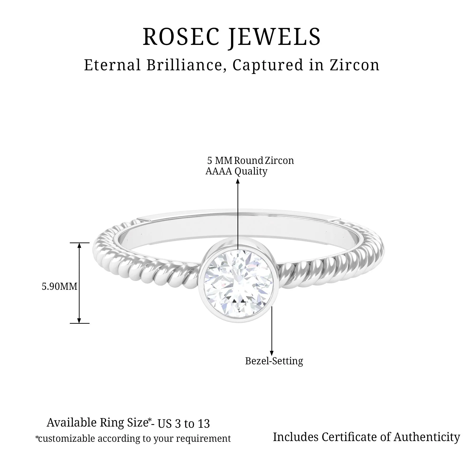 1/2 CT Bezel Set Zircon Solitaire Minimal Ring with Twisted Rope Details
