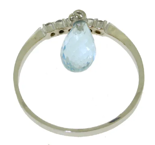 1.45 Carat 14K Solid White Gold Ring Natural Diamond Dangling Blue Topaz