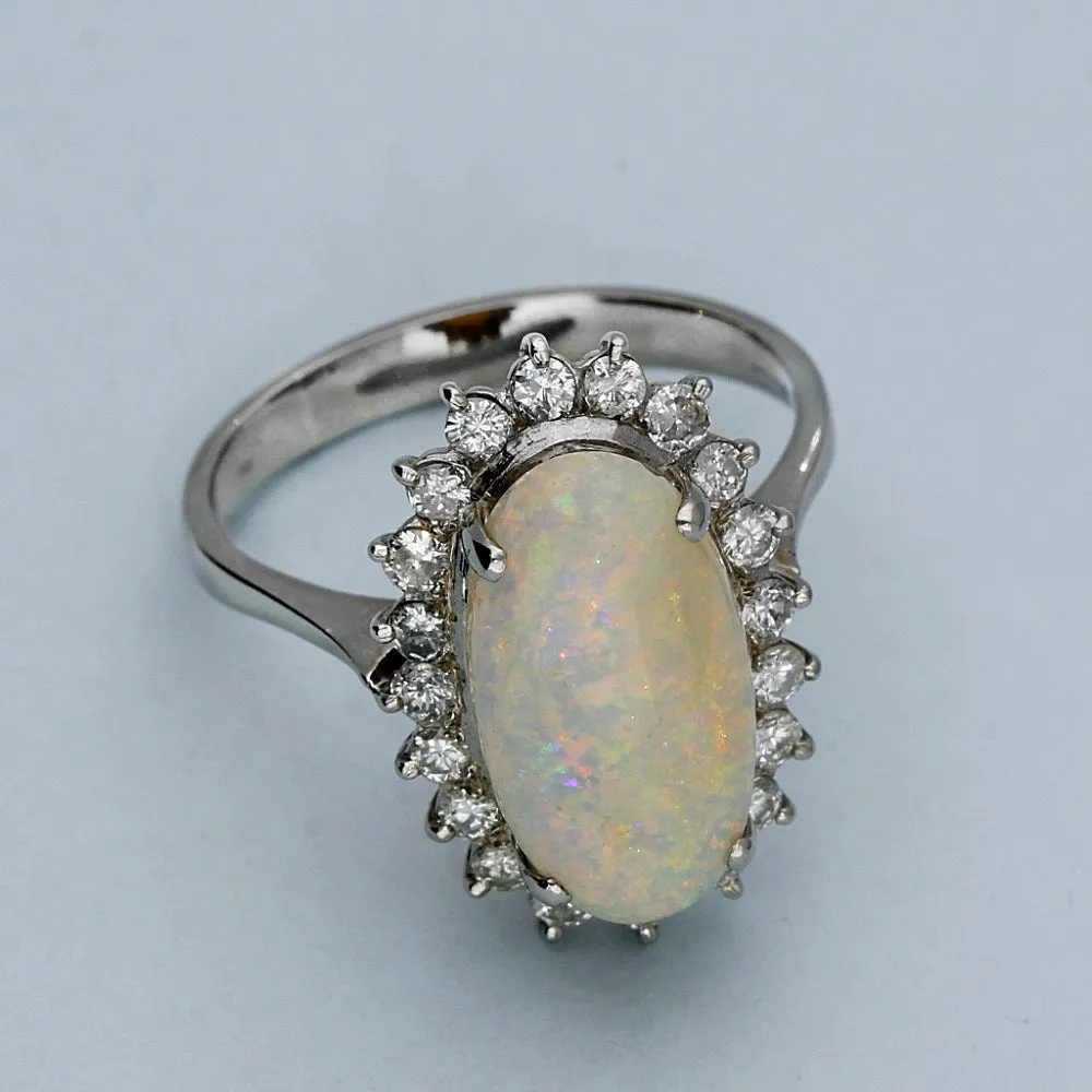 14ct White Gold Large Opal & Diamond Oval Cluster Ring