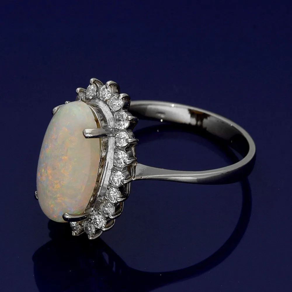 14ct White Gold Large Opal & Diamond Oval Cluster Ring