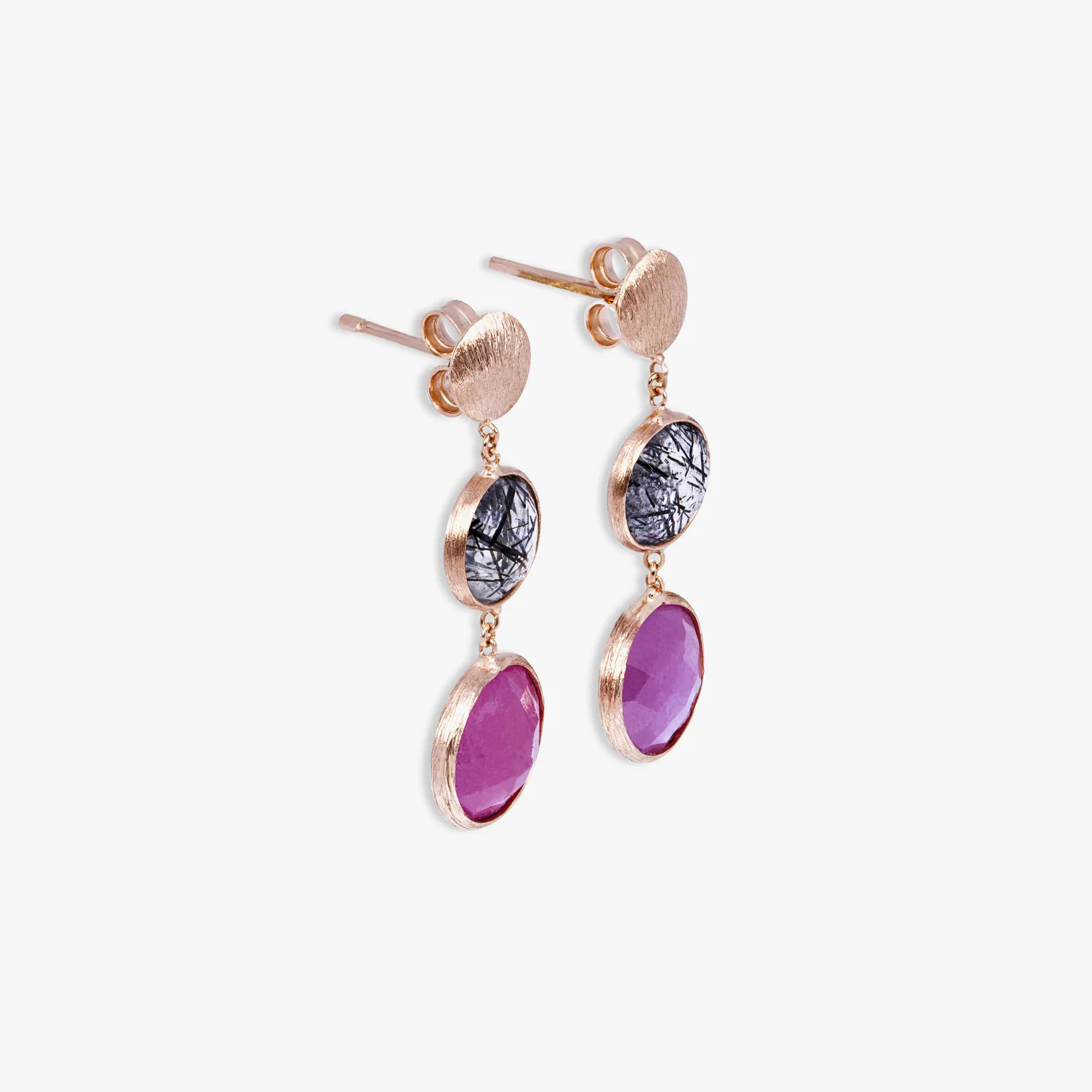 14K satin rose gold Kensington drop earrings with black rutilated quartz and ruby root
