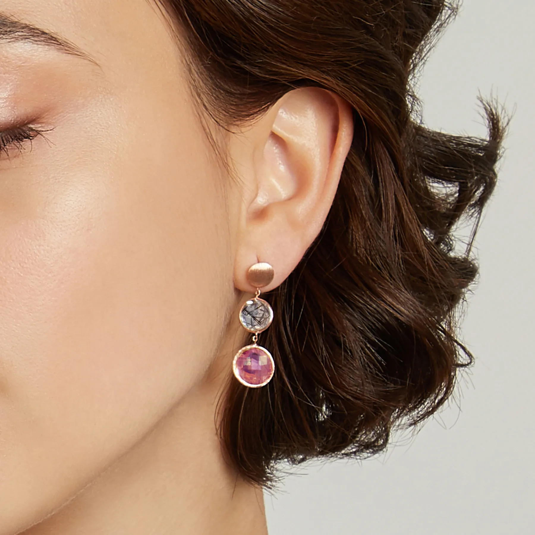 14K satin rose gold Kensington drop earrings with black rutilated quartz and ruby root