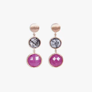 14K satin rose gold Kensington drop earrings with black rutilated quartz and ruby root
