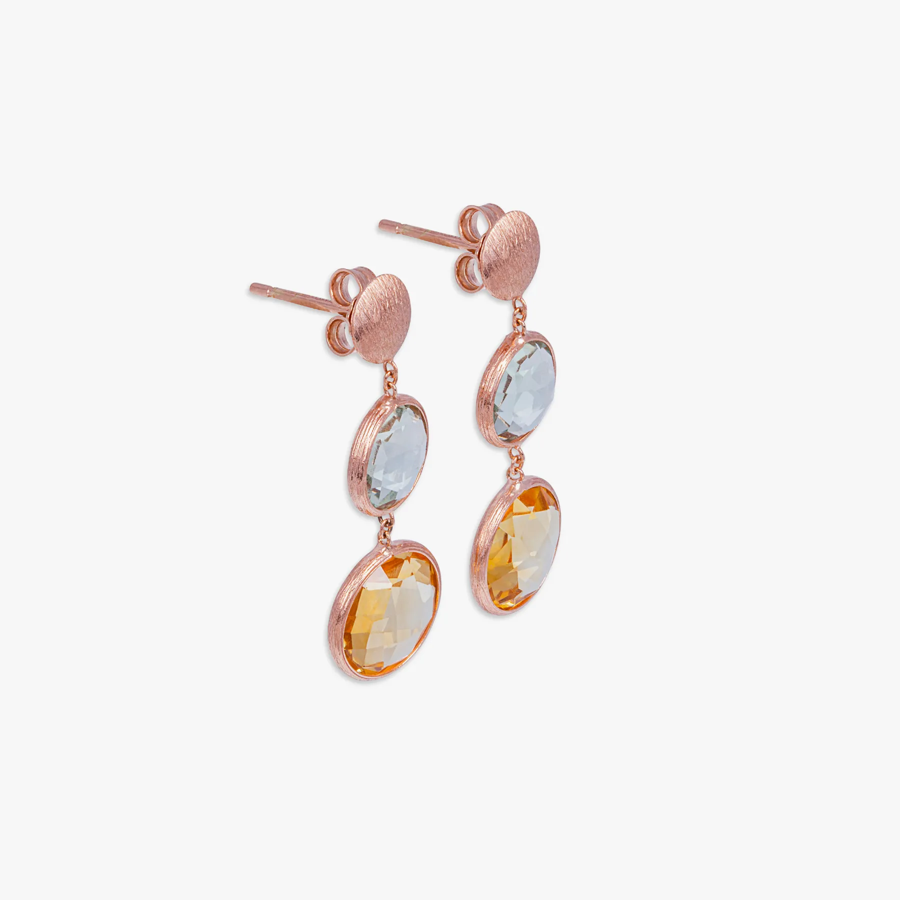 14K satin rose gold  Kensington drop earrings with citrine and prasiolite