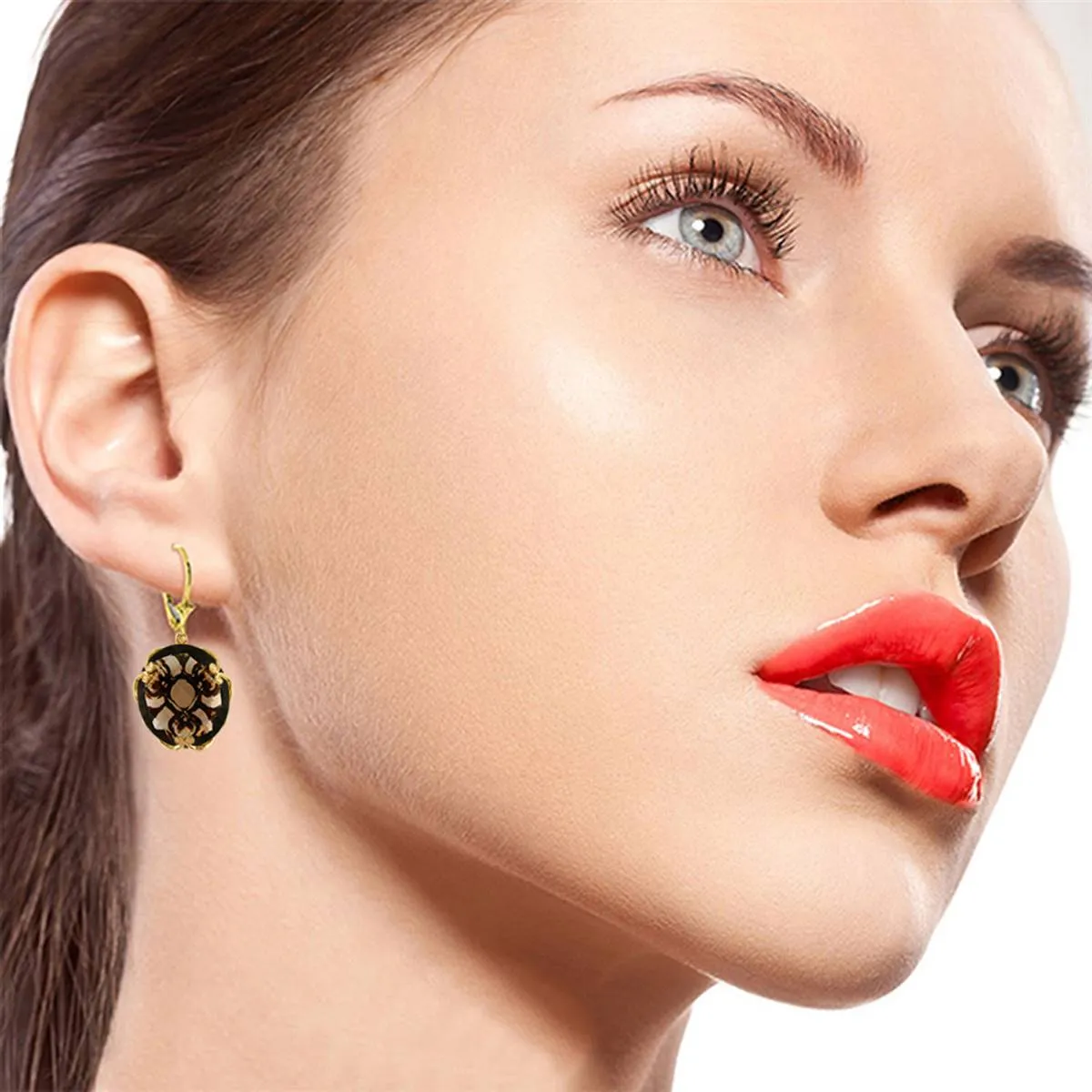 14K Solid Yellow Gold Leverback Round Smoky Quartz Earrings