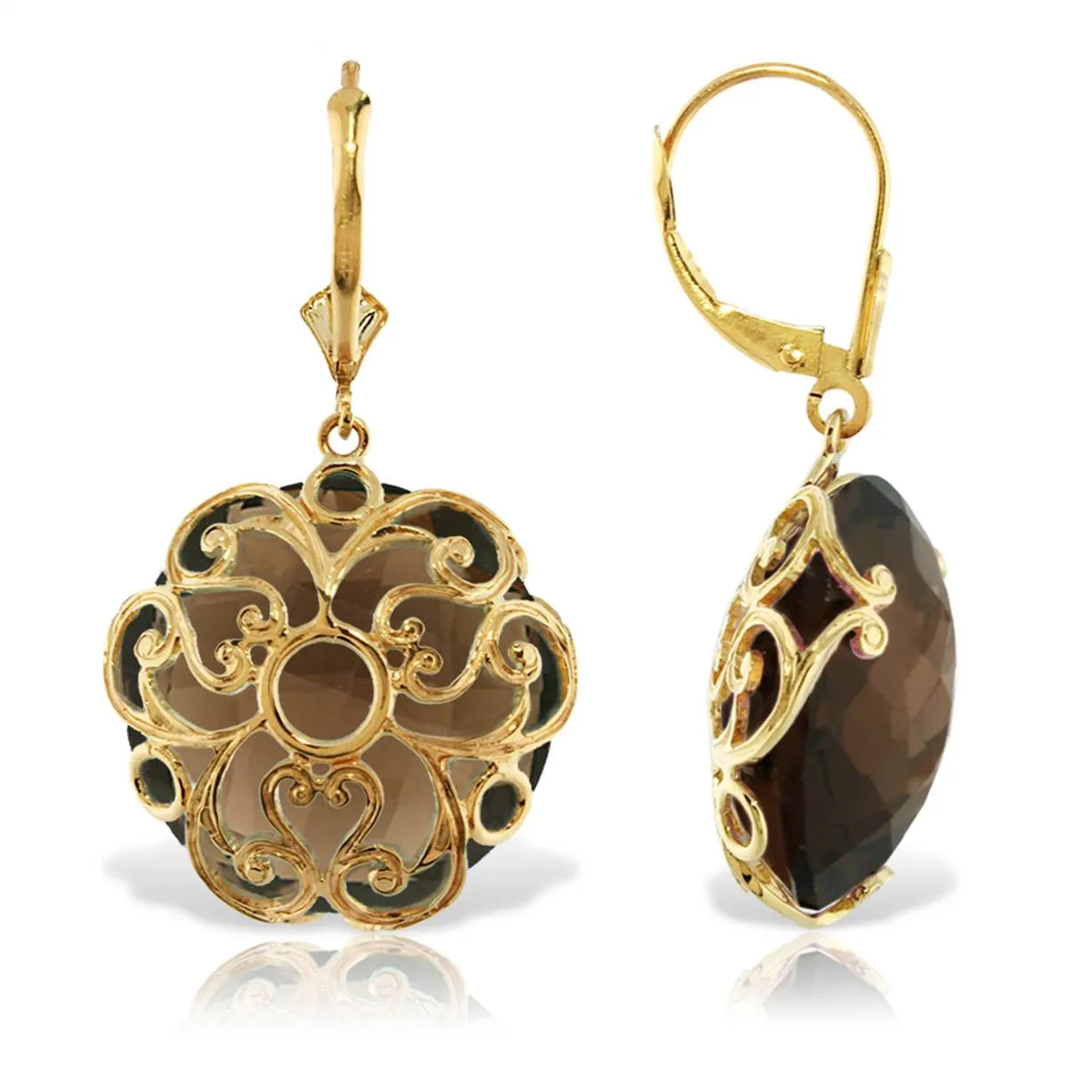 14K Solid Yellow Gold Leverback Round Smoky Quartz Earrings