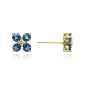 14K YELLOW GOLD LONDON BLUE TOPAZ AND DIAMOND FLOWER STUD EARRINGS