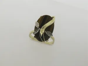 14K Yellow Gold Tiger's Eye and Diamond Ring Size 5.5 (Estate Jewelry)