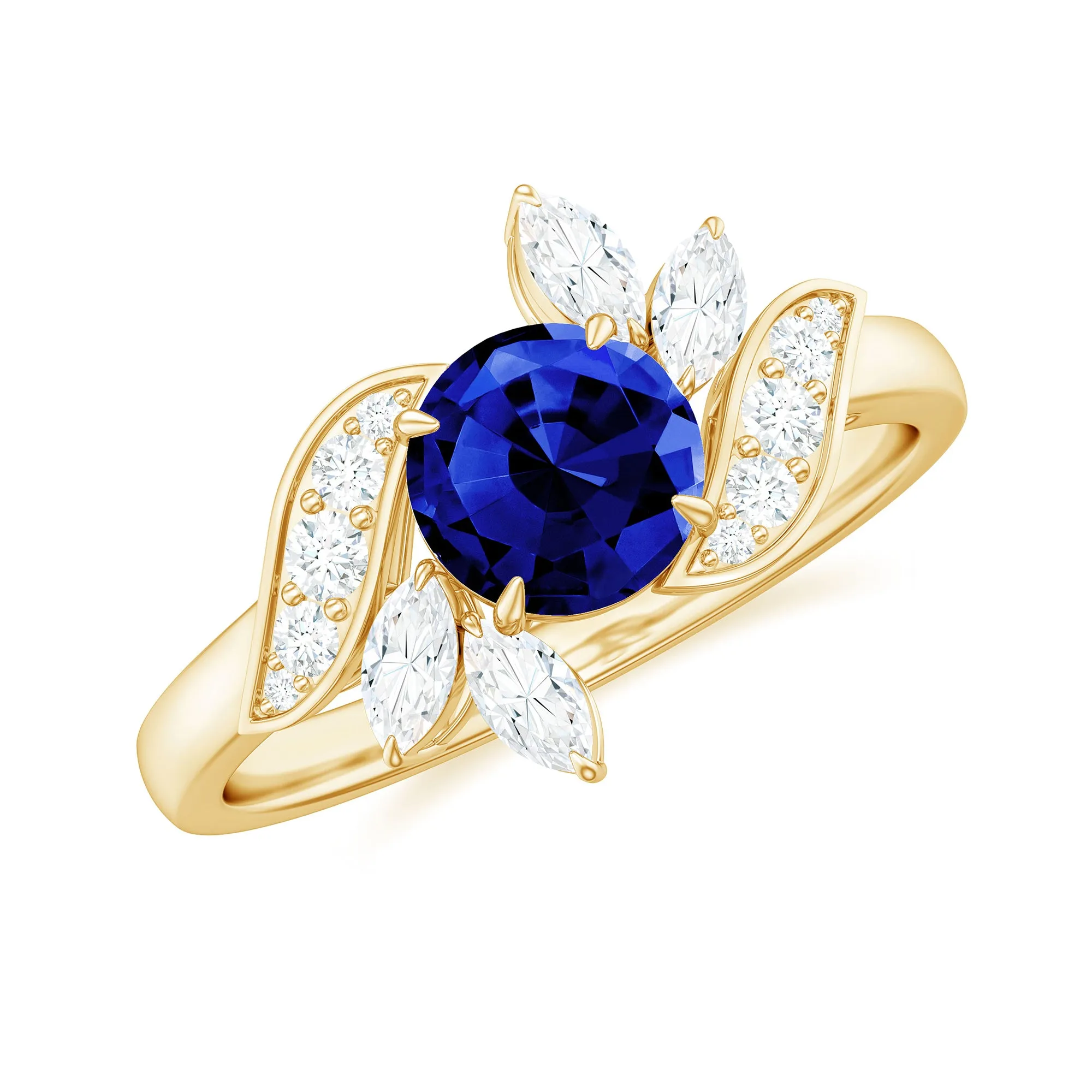 1.5 CT Round Lab Created Blue Sapphire Flower Engagement Ring with Diamond