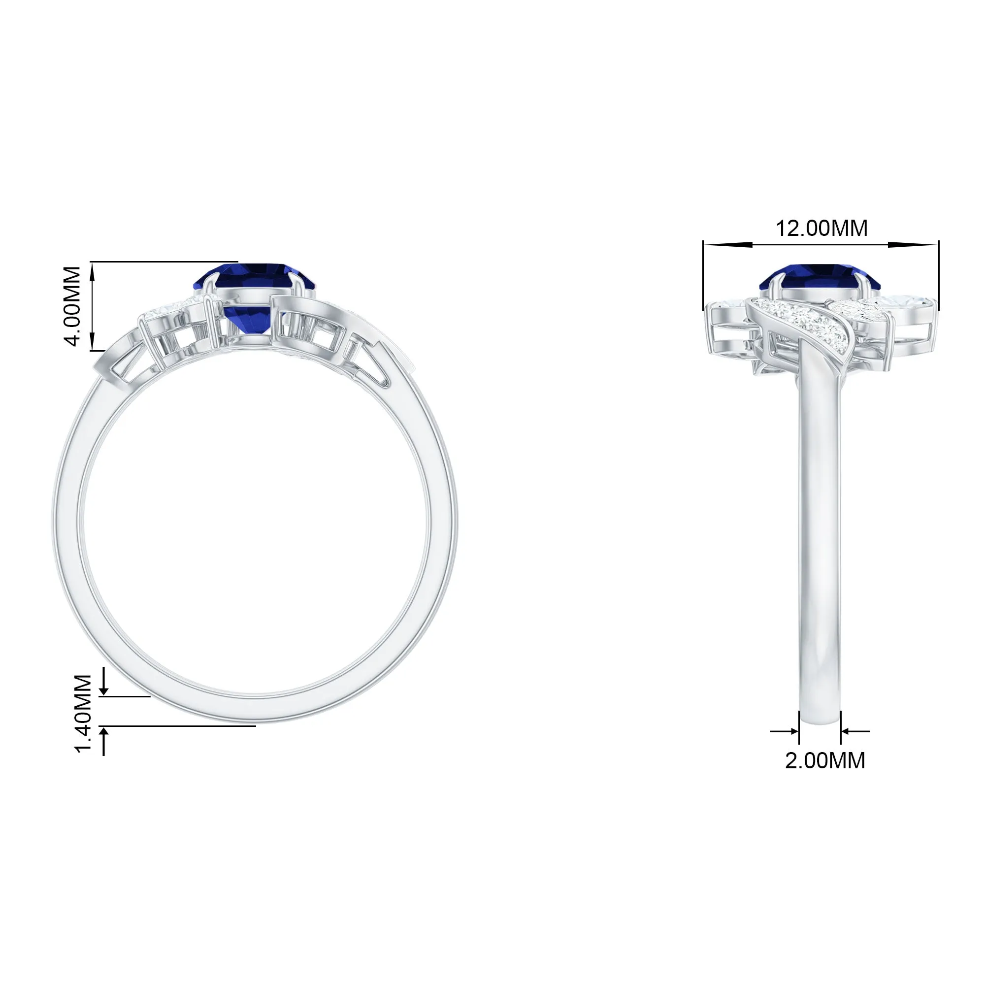 1.5 CT Round Lab Created Blue Sapphire Flower Engagement Ring with Diamond