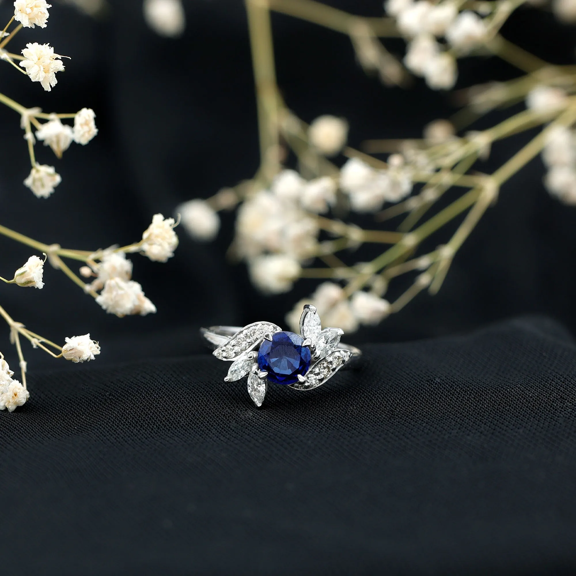 1.5 CT Round Lab Created Blue Sapphire Flower Engagement Ring with Diamond