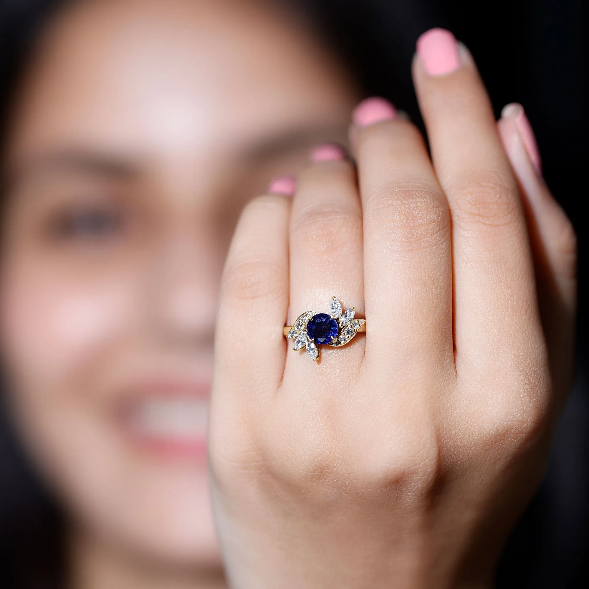 1.5 CT Round Lab Created Blue Sapphire Flower Engagement Ring with Diamond