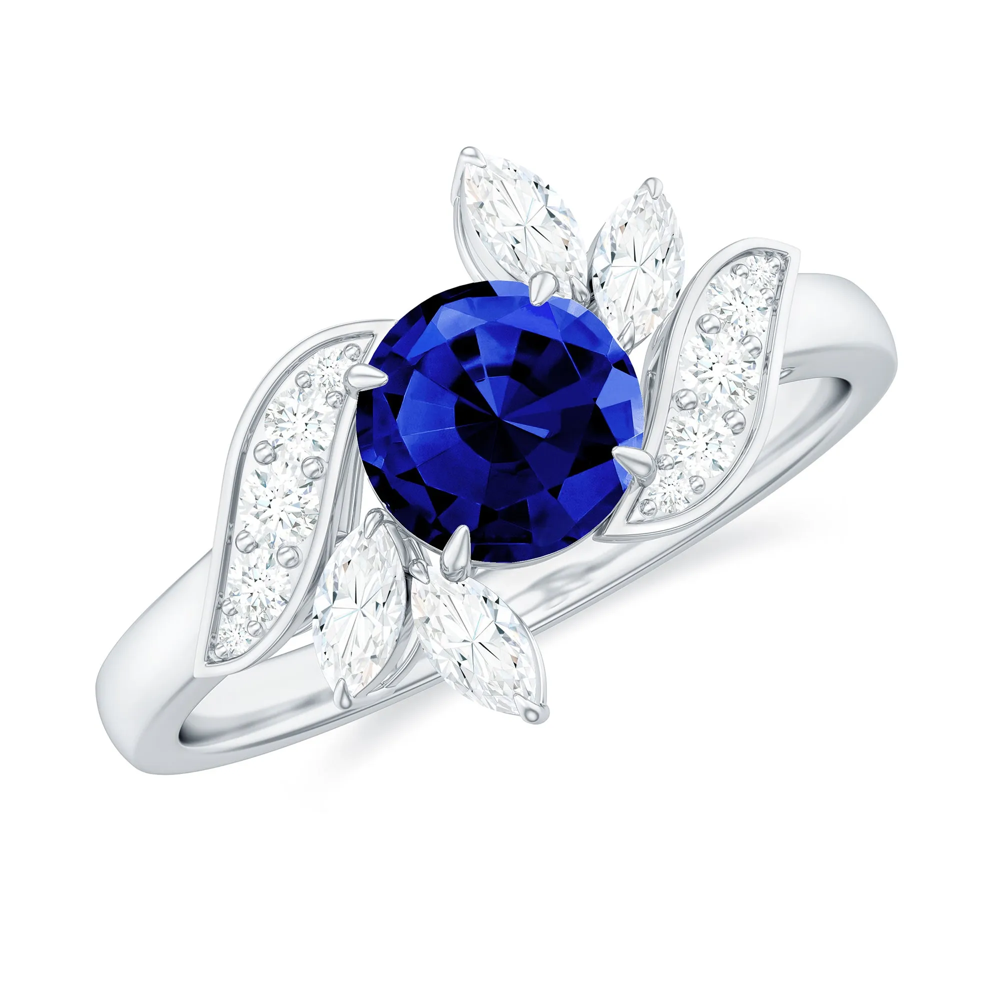 1.5 CT Round Lab Created Blue Sapphire Flower Engagement Ring with Diamond