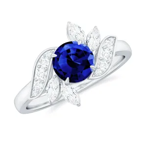 1.5 CT Round Lab Created Blue Sapphire Flower Engagement Ring with Diamond