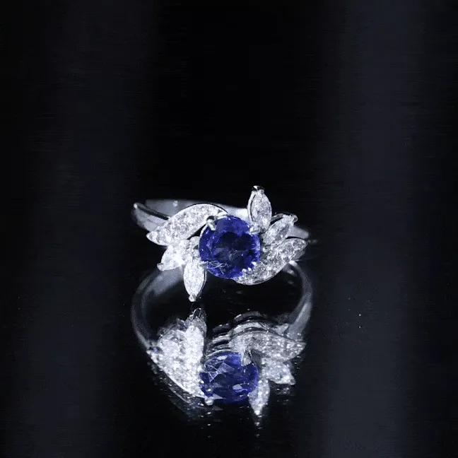 1.5 CT Round Lab Created Blue Sapphire Flower Engagement Ring with Diamond