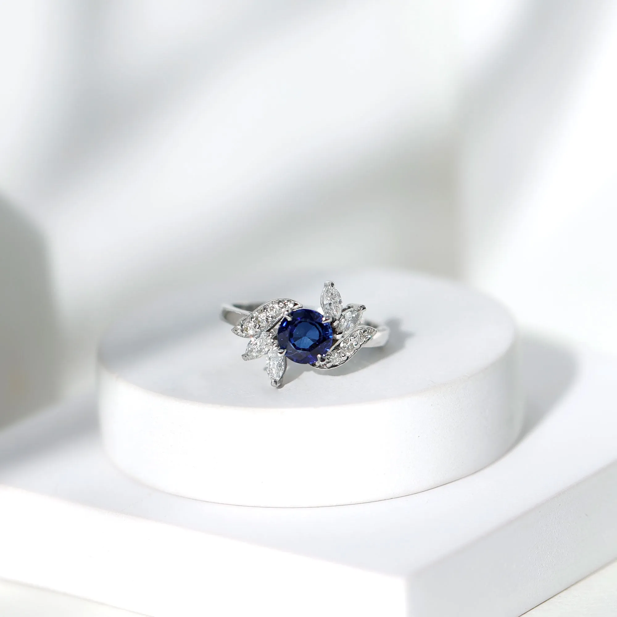 1.5 CT Round Lab Created Blue Sapphire Flower Engagement Ring with Diamond