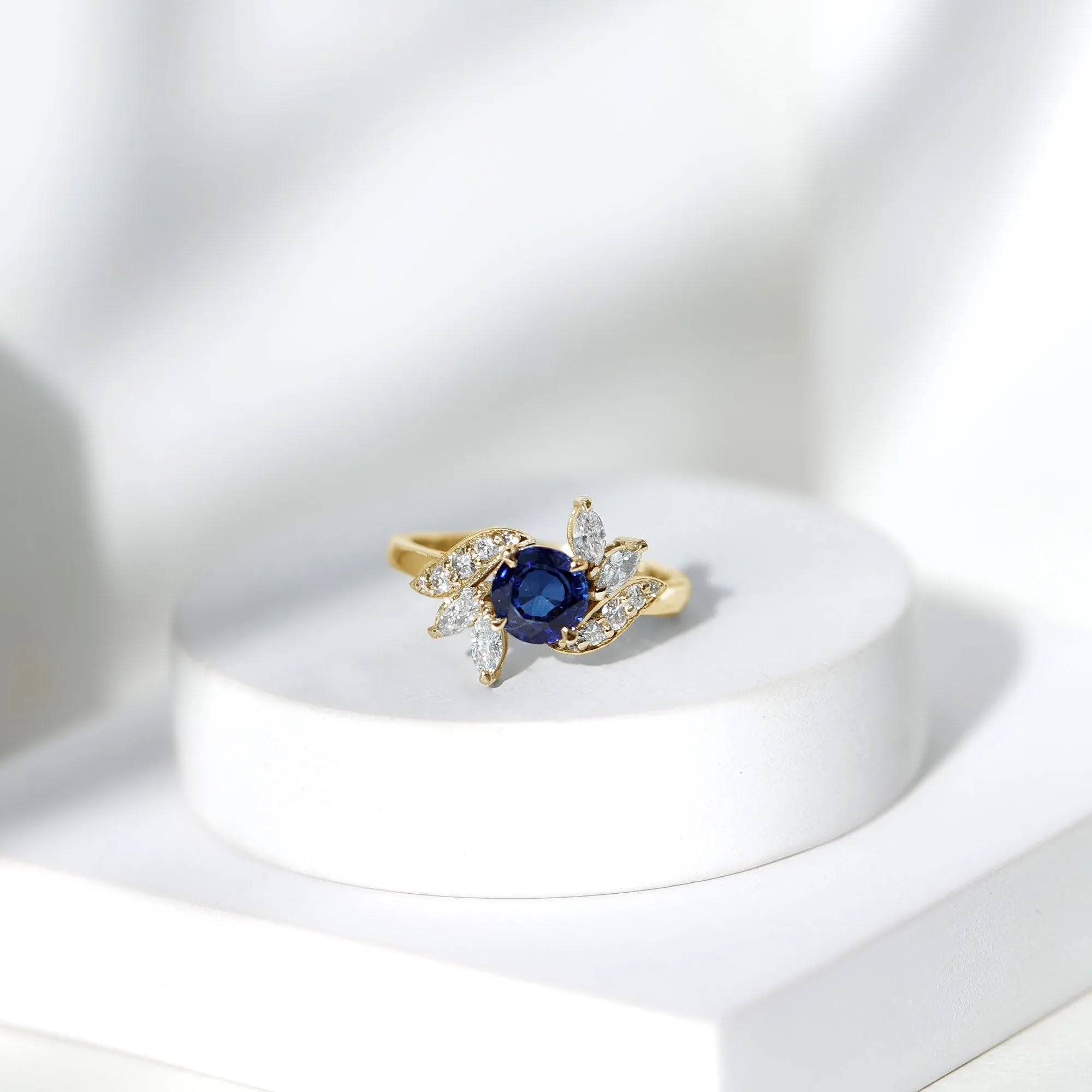 1.5 CT Round Lab Created Blue Sapphire Flower Engagement Ring with Diamond