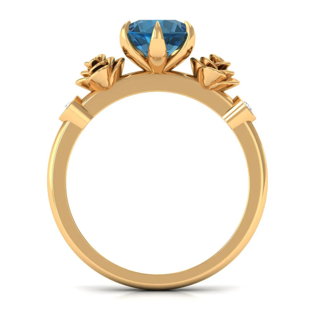 1.5 CT Solitaire London Blue Topaz Flower Ring with Diamond