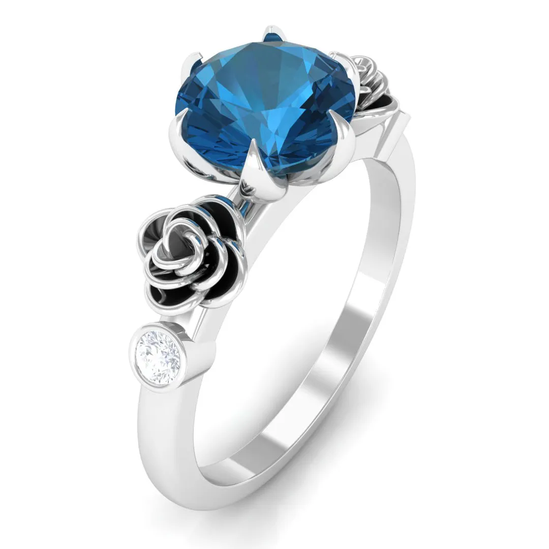 1.5 CT Solitaire London Blue Topaz Flower Ring with Diamond