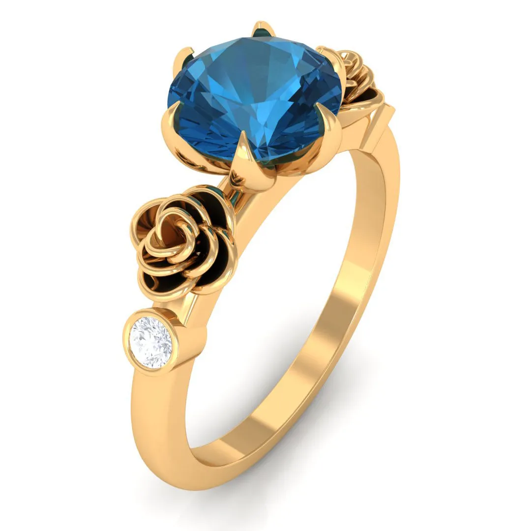 1.5 CT Solitaire London Blue Topaz Flower Ring with Diamond