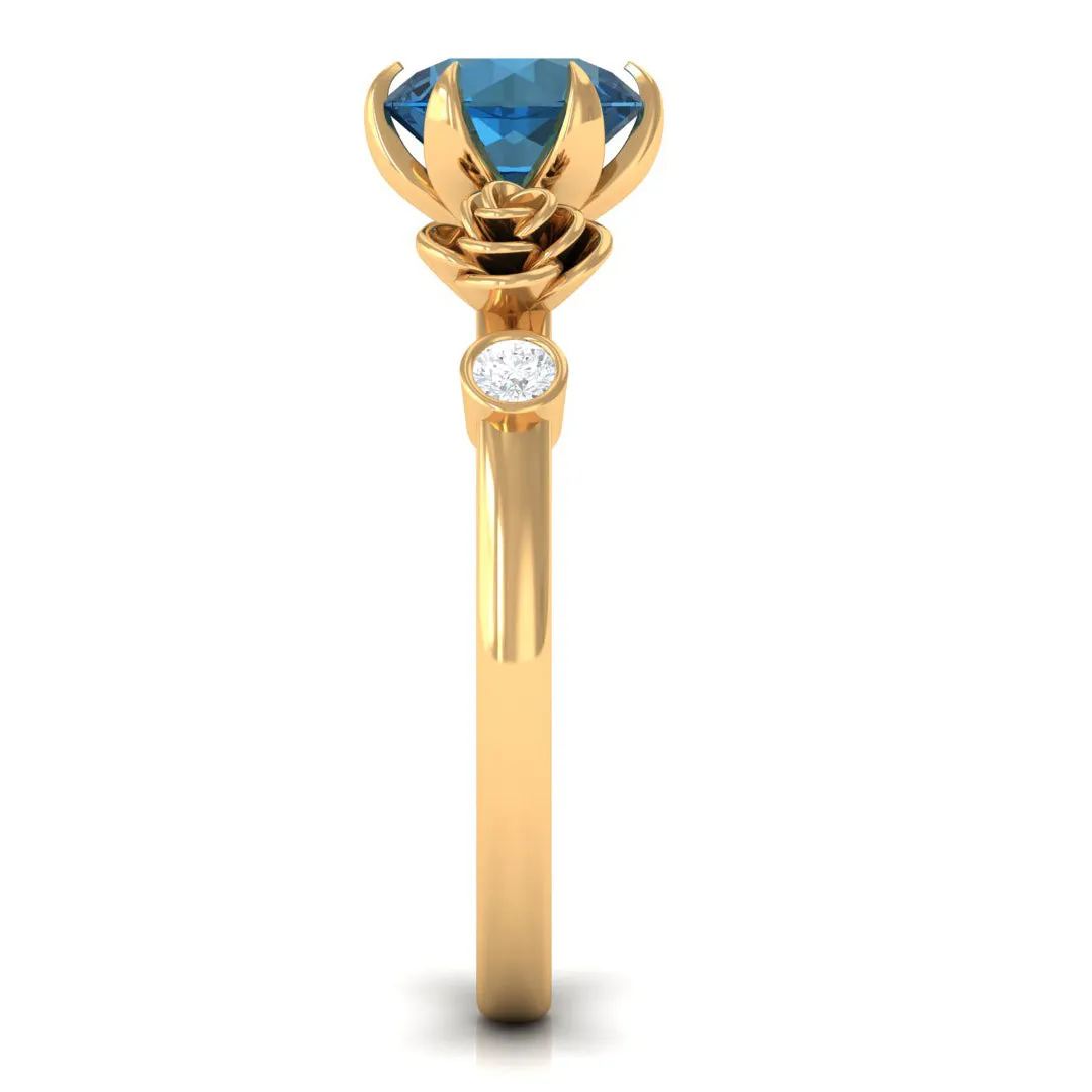 1.5 CT Solitaire London Blue Topaz Flower Ring with Diamond