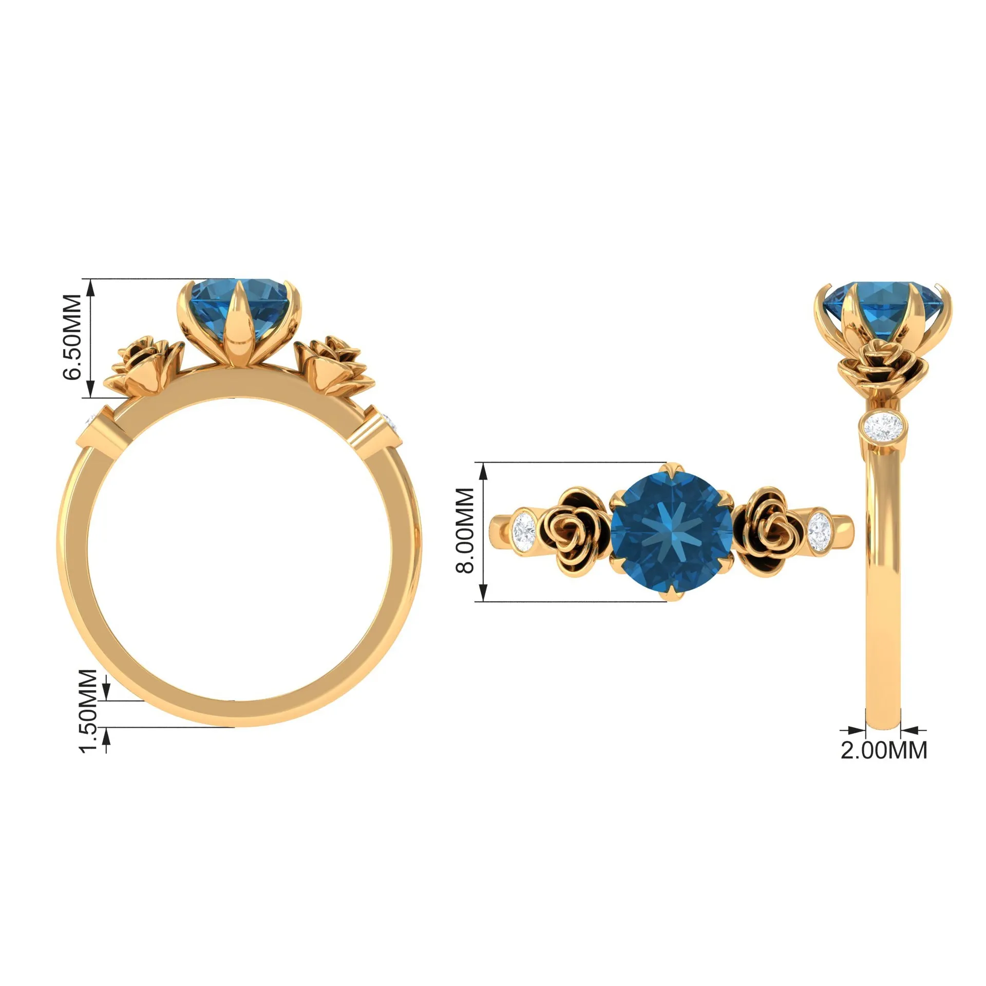 1.5 CT Solitaire London Blue Topaz Flower Ring with Diamond
