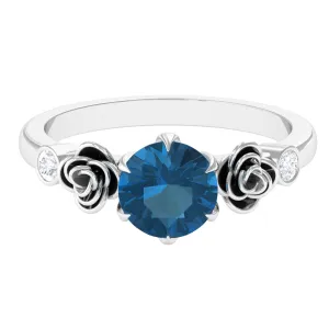 1.5 CT Solitaire London Blue Topaz Flower Ring with Diamond