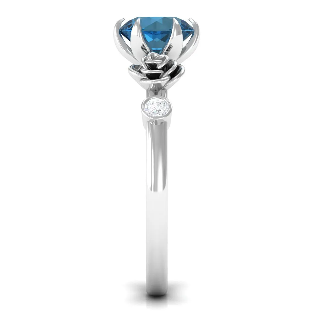 1.5 CT Solitaire London Blue Topaz Flower Ring with Diamond