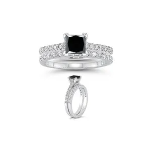 1.60 Cts White & Black Diamond Engagement-Wedding Rings in 14K White Gold