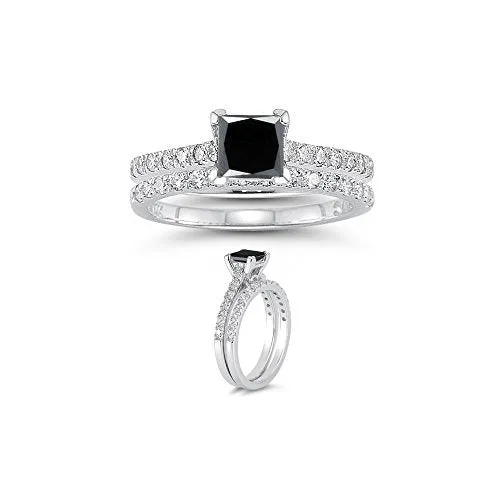 1.60 Cts White & Black Diamond Engagement-Wedding Rings in 14K White Gold