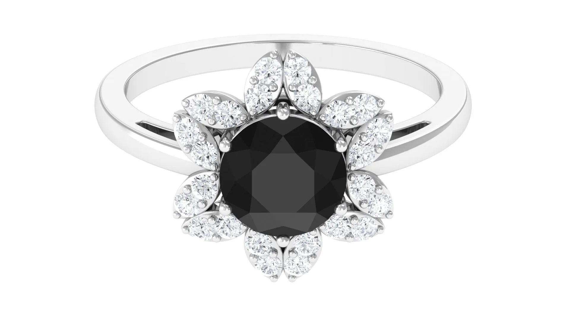 1.75 CT Black Spinel Flower Ring with Diamond Halo