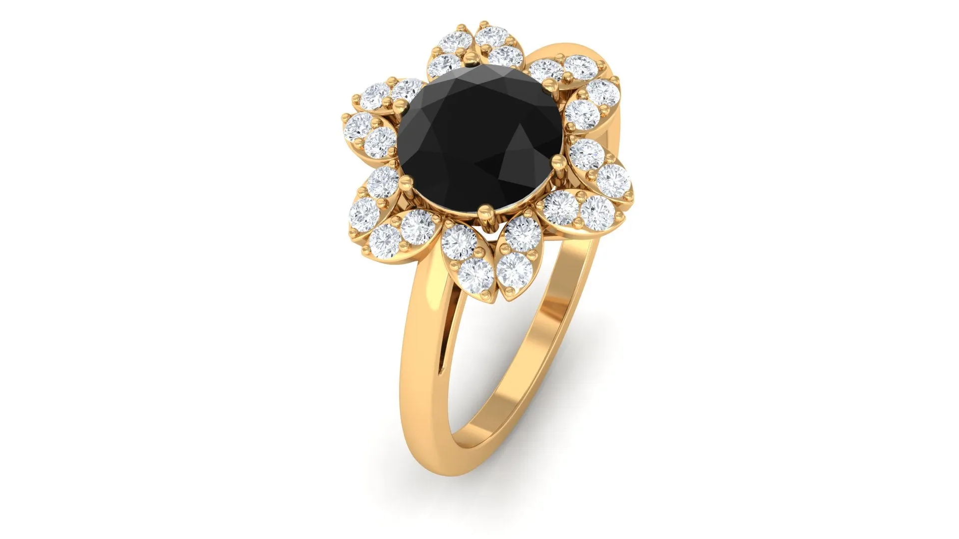 1.75 CT Black Spinel Flower Ring with Diamond Halo