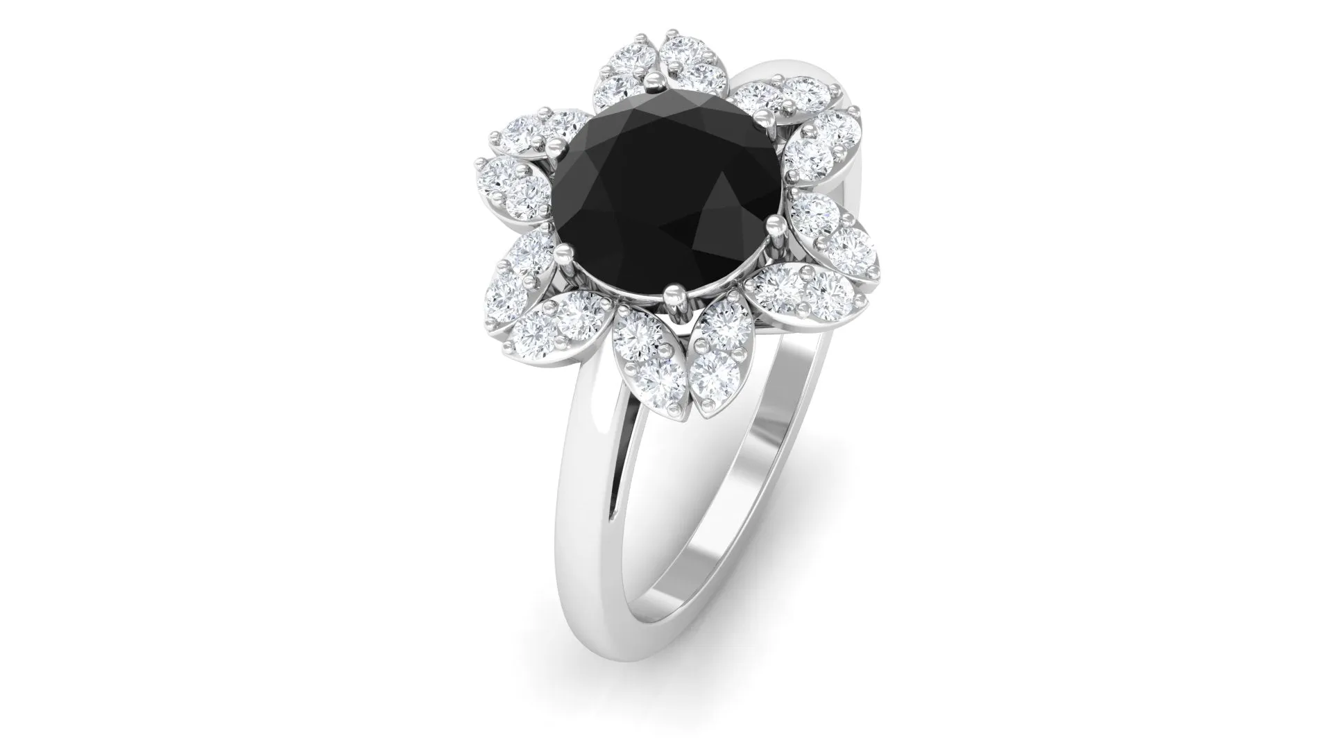 1.75 CT Black Spinel Flower Ring with Diamond Halo