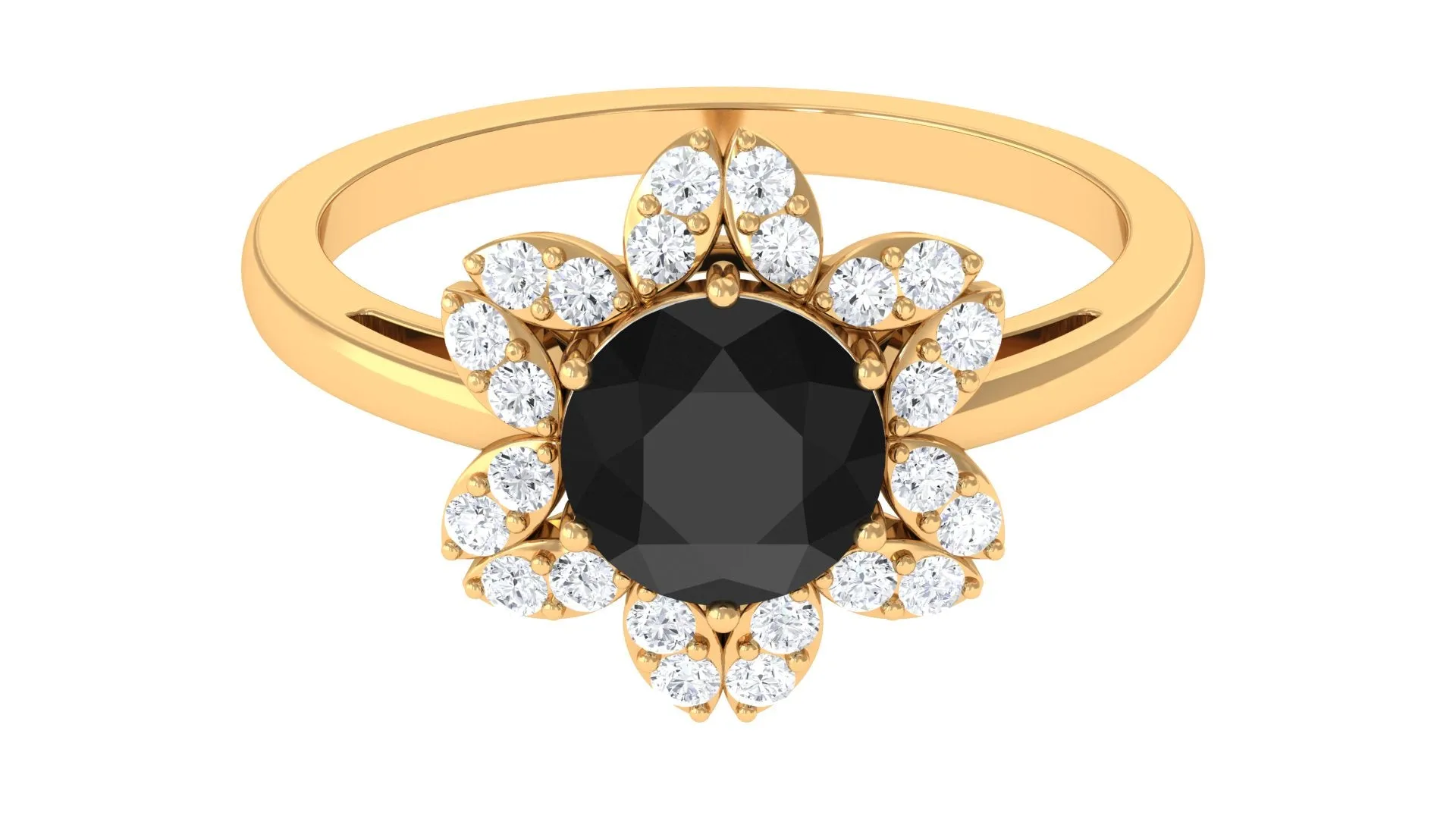 1.75 CT Black Spinel Flower Ring with Diamond Halo