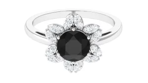 1.75 CT Black Spinel Flower Ring with Diamond Halo