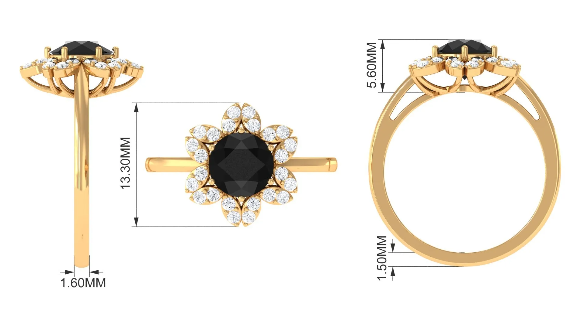 1.75 CT Black Spinel Flower Ring with Diamond Halo