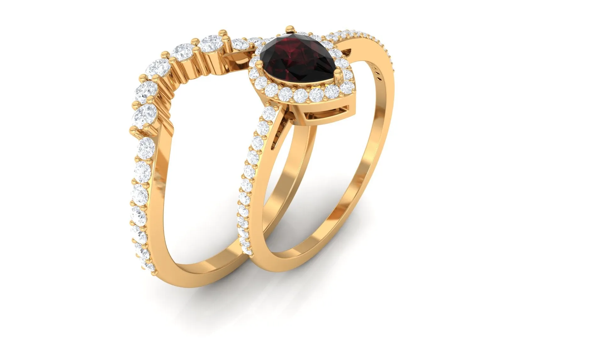 1.75 CT Garnet Designer Teardrop Ring Set with Diamond Halo