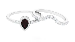1.75 CT Garnet Designer Teardrop Ring Set with Diamond Halo