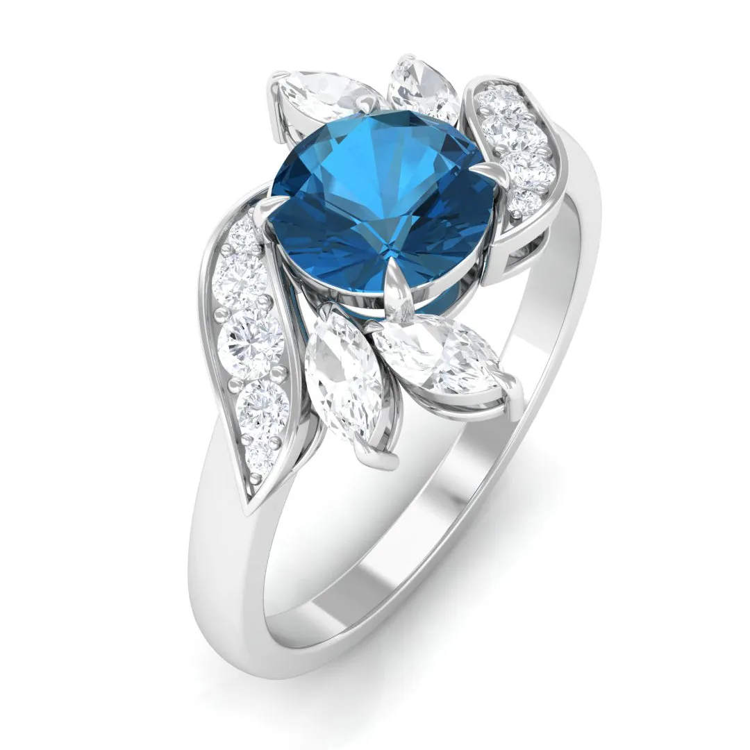 1.75 CT London Blue Topaz Flower Engagement Ring with Diamond