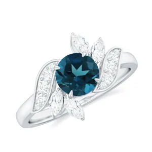 1.75 CT London Blue Topaz Flower Engagement Ring with Diamond